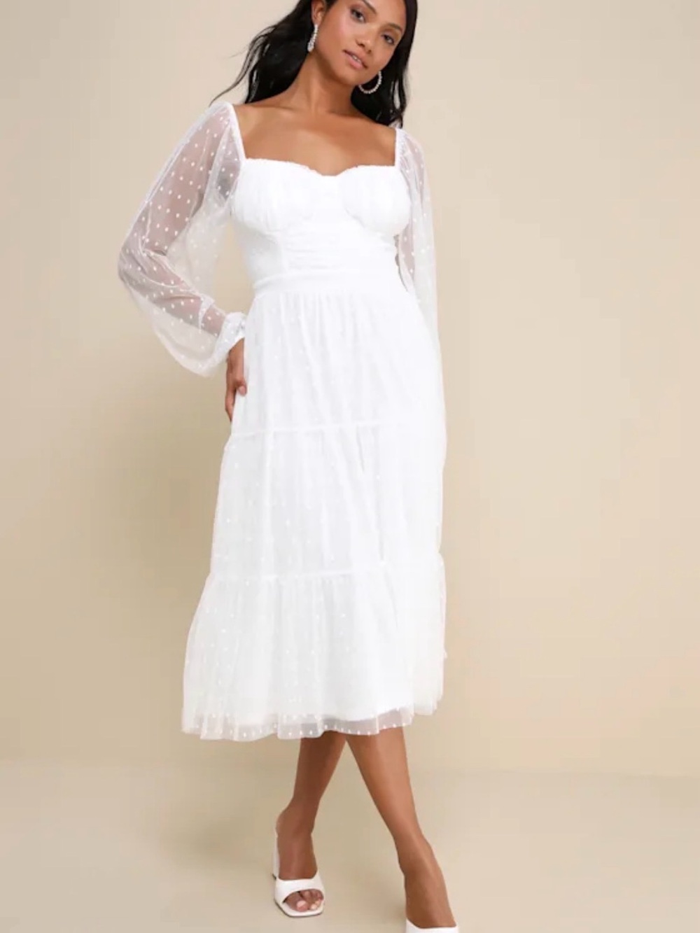 Lulus Affectionate Aura  White Swiss Dot Puff-Sleeve Midi Dress Sz XL nwot